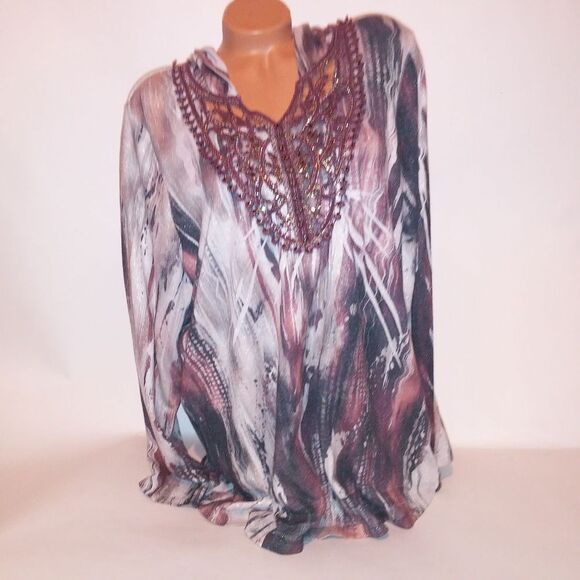 CJ Banks Sweater Womens Plus Size 2X Brown Cream Boho Hooded Studded Bling Croch - Picture 3 of 10